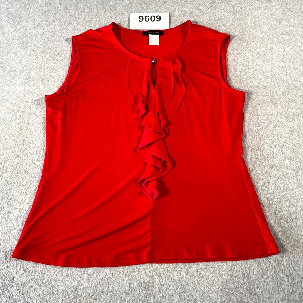 Jennie & Marlis Tank Top Womens Large Red Stretch Ruffle Keyhole Neck Casual